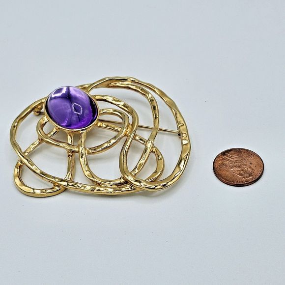 Avon Purple Cabochon Brooch Vintage Lucite Gold Tone Web Jumbo Statement Pin 3" - Picture 8 of 11